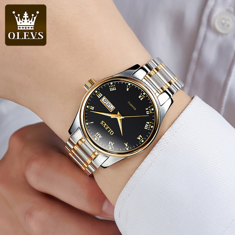 Olevs quartzo relógios de negócios para homens à prova dwaterproof água pulseira de liga de alta qualidade relógio de pulso luminoso calendário semana exibição