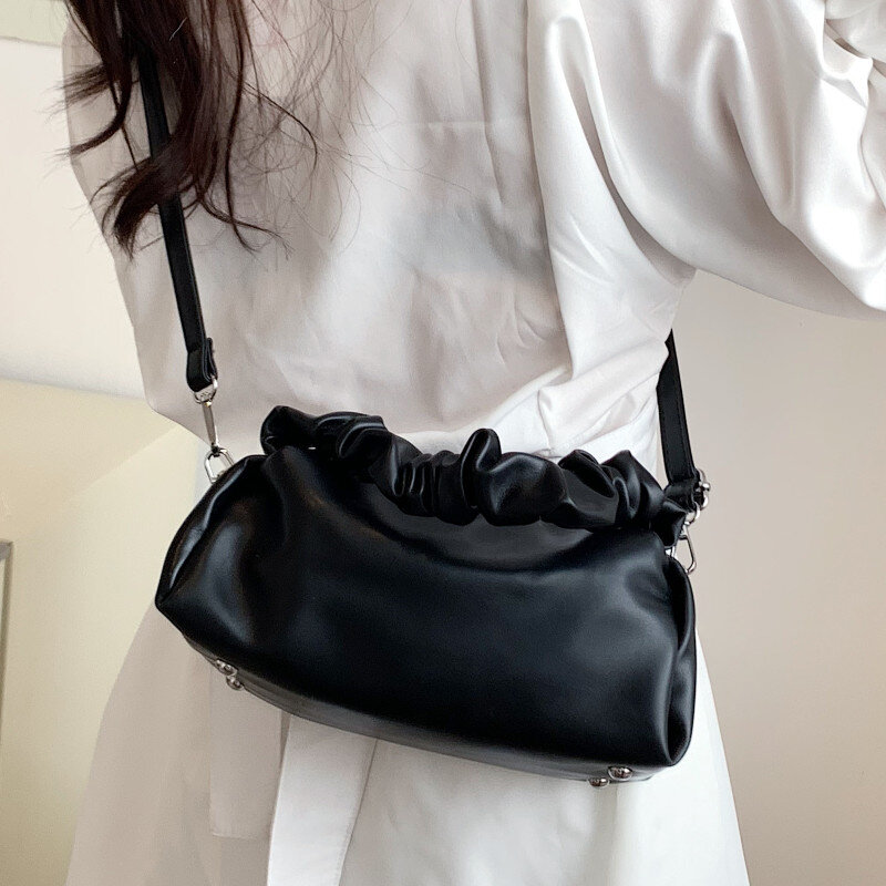 Bolso de hombro plisado negro para mujer, bandolera de cuero Pu de lujo, con asa superior, de diseñador de marca