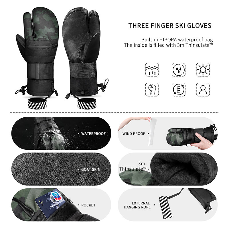 VXW Ski Gloves Camouflage Leather Women Men Waterproof Thermal Insulated ThreeFinger Zipper 3MThinsulate Snowboard Accessories