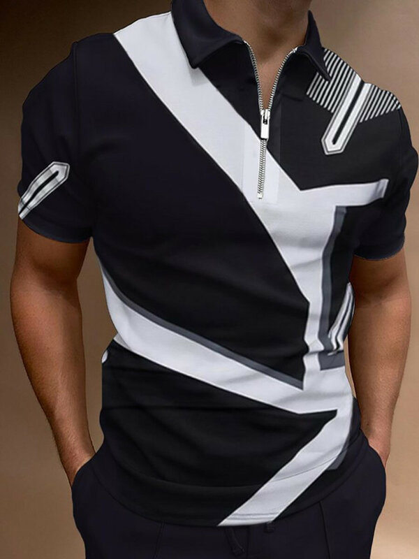 Pakaian Pria Musim Panas Kaus Polo Kaus Lengan Pendek Kasual Print 3D Streetwear Kemeja Polo Prom Ritsleting Kerah Lapel untuk Pria