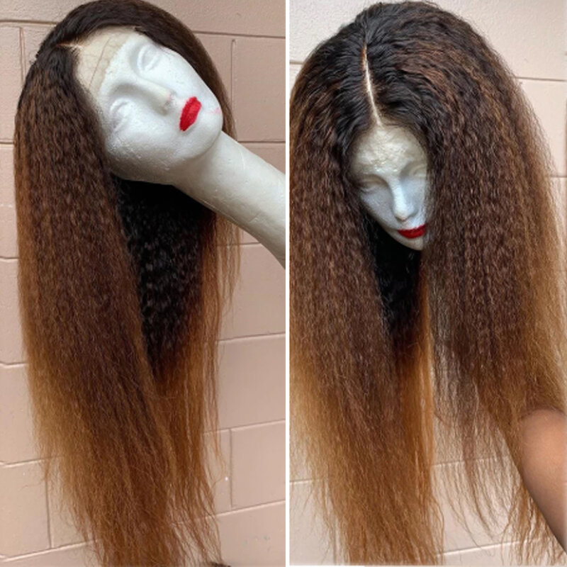 Yaki-pelucas frontales de encaje sintético para mujeres negras, pelo corto recto de 26 pulgadas de largo y 180% de densidad, color rubio degradado, prearrancado con BabyHair