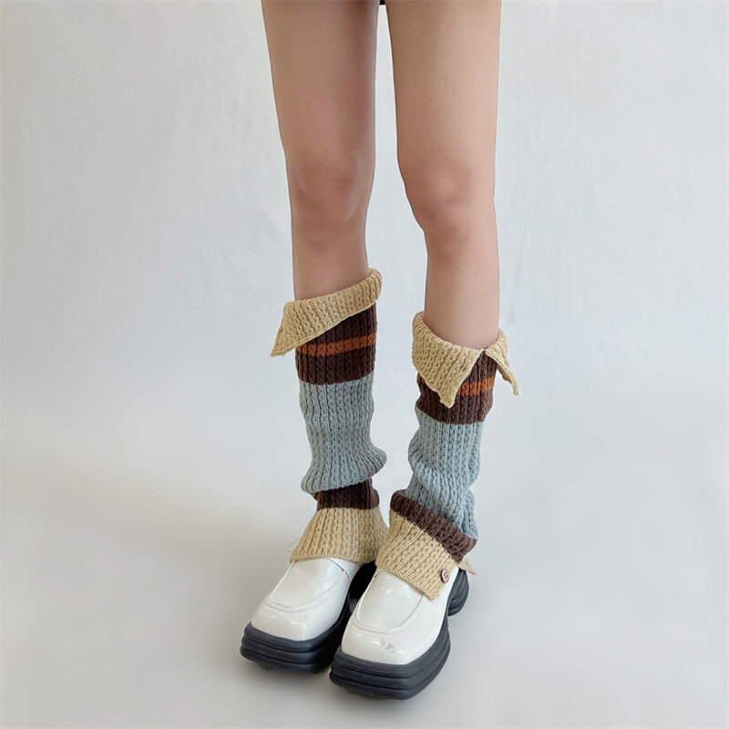 ใหม่ Retro ขาอุ่นฤดูหนาวปุ่มเปิด Y2K Harajuku Cewek Seksi ญี่ปุ่นความคมชัดสี Pile ถักถุงเท้ายาว