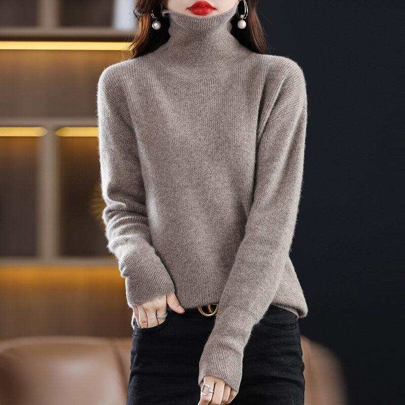女性用タートルネックニットセーター,長袖,無地,カジュアルスタンドカラー,ゆったりとしたセーター,秋冬
