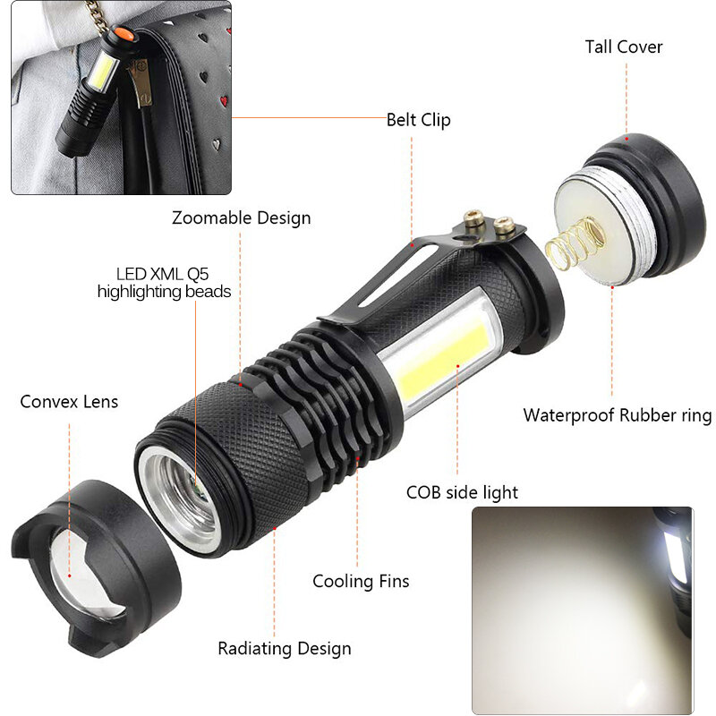 Sk68 cob recarregável mini tocha q5 portátil à prova dwaterproof água led lanterna zoom tocha penlight embutido in14500 bateria luz lanterna