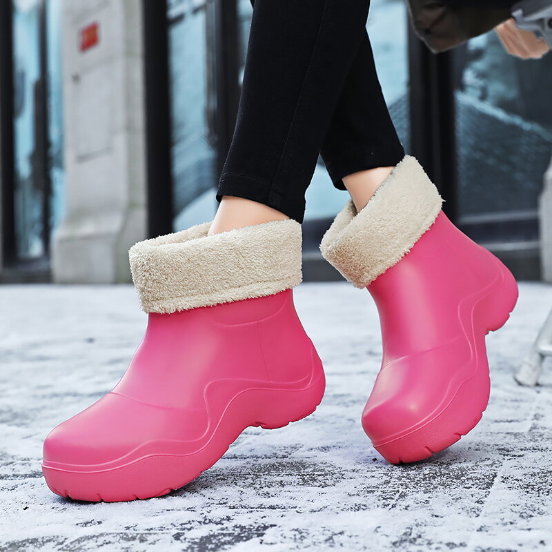 STRONGSHEN  Women Warm Fur Boots Rubber Ladies Thick Sole Rain Boots Waterproof Ankle Chelsea Boots Casual Thick Sole Short Boot