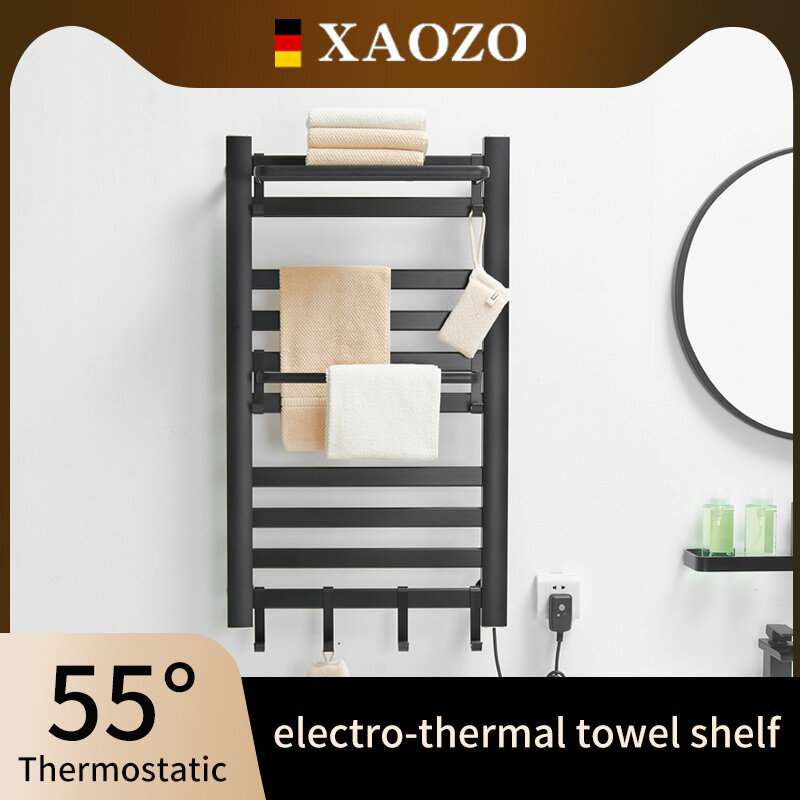 Calentador de toallas eléctrico para baño, estante de toalla con calefacción para el hogar, 55 ℃, secador de toallas termostático sin perforaciones, riel negro