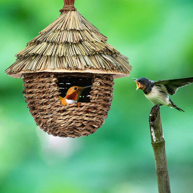 Casa de ninho de beija-flor decorativa encantadora casa de beija-flor tecida à mão grama natural pendurado pássaro housenest para jardim
