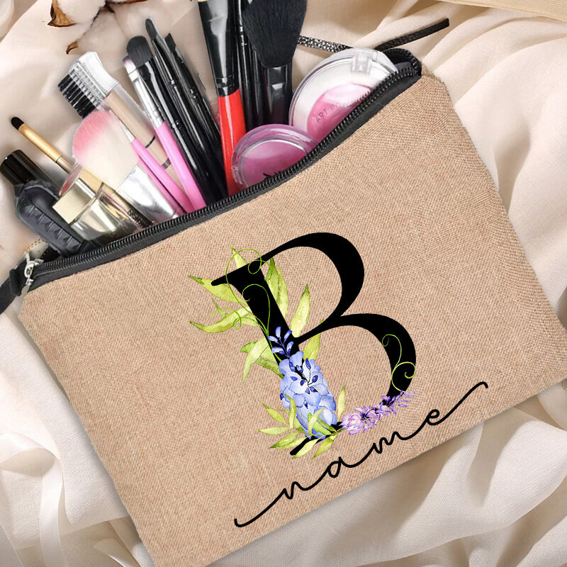 Personalize nomes personalizados carta floral impressão feminina saco de cosméticos bolsa de maquiagem de dama de honra bolsa de armazenamento de linho com zíper