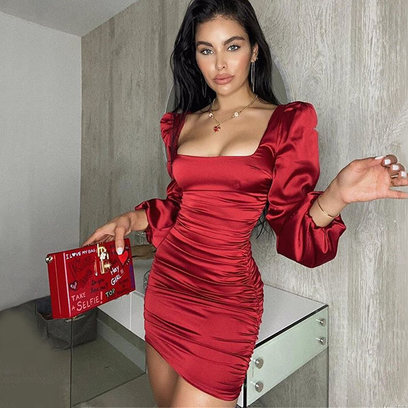 Elegant Backless Long Sleeve Red Party Evening Dress Solid Square Collar Sexy Dresses Satin Puff-Sleeve Ruched Dress for Women