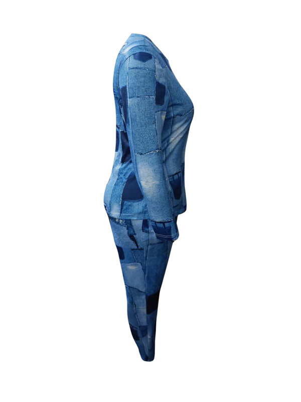 LW Set Celana Serut Denim Imitasi Musim Gugur Ukuran Plus Baju Olahraga Wanita Kasual Lengan Panjang Atasan + Celana Keringat Dua Potong Set
