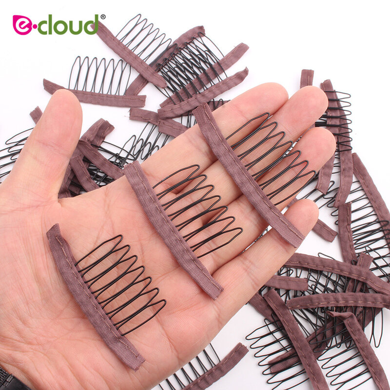 50Pcs/Bag Brown Wig Comb With Polyster Cloth 7 Teeth Wig Accessories Clip in Human Hair Extensions Wholesale Lace Wig Clips