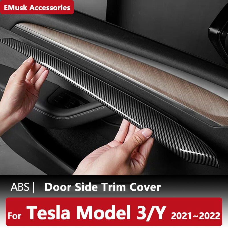 ประตูด้านข้าง Trim สำหรับ Tesla รุ่น3รุ่น Y 2021 2022อุปกรณ์เสริมรถยนต์ด้านหน้าแผงควบคุมภายในคาร์บอนเส้นใย ABS