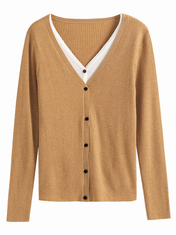 FSLE-cárdigan de punto fino con cuello en V para mujer, suéter Retro con diseño de dos piezas falsas, color block, otoño, 2021