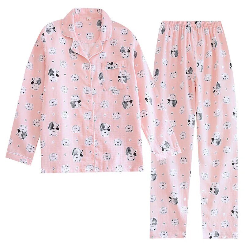 Ladies Cartoon Cute Cotton Pajamas Women Thin  Breathable Sleepwear Set Couples Loose Lounge Wear Men's Long-sleeve Home Suit