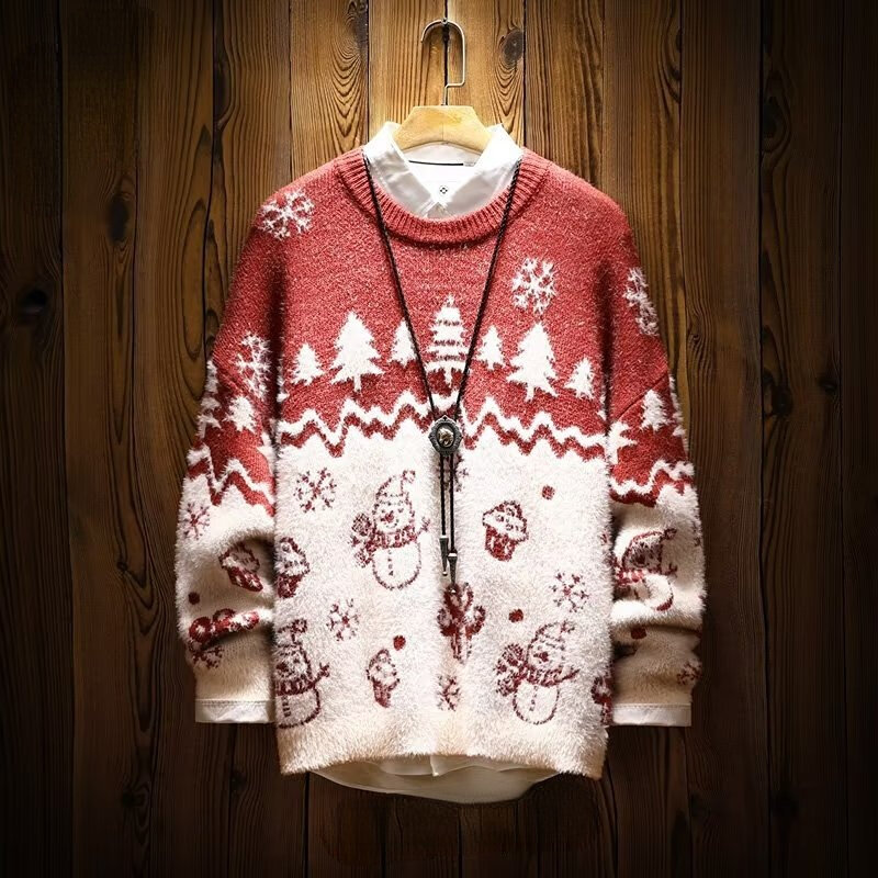 Sweater Pria Vintage Sweater Rajut Longgar Gaya Korea Musim Dingin Natal Sweater Longgar Kasual Sweater Longgar Pria