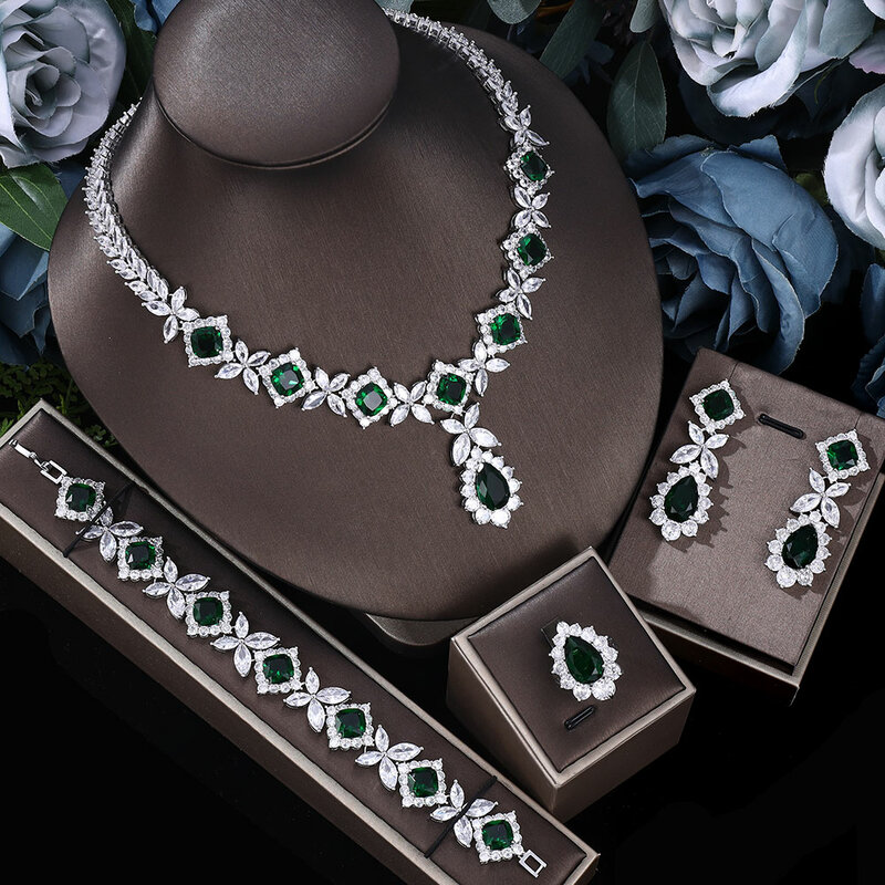 Luxo engenhoso 4 pçs conjuntos de jóias de zircônia nupcial para festa feminina, dubai nigéria conjuntos de jóias de casamento de cristal 2022