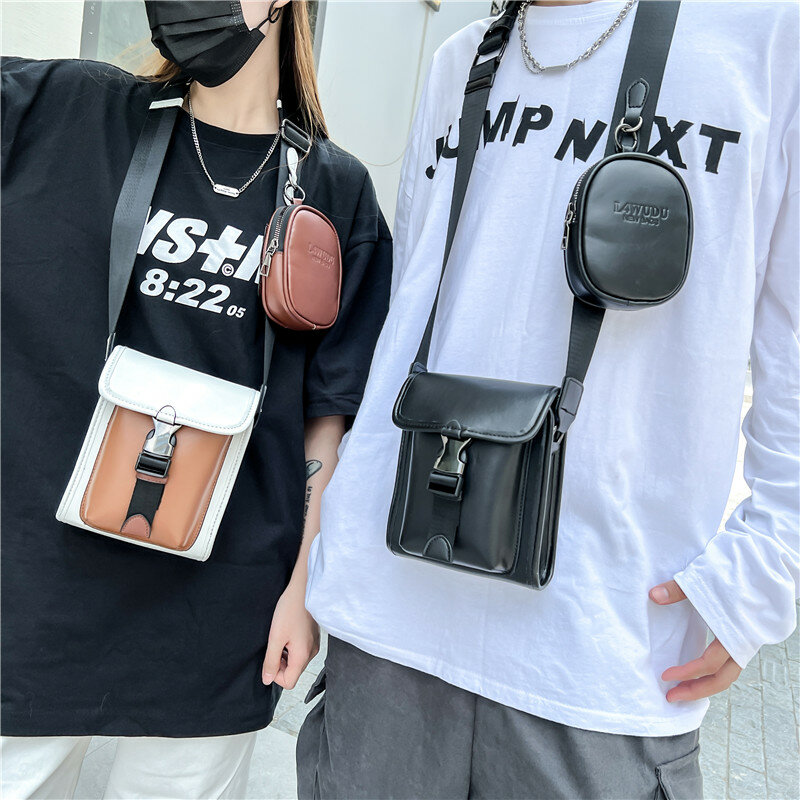 Set Trend Soft Leather Shoulder Bag Unisex Simple Fashion Sling Bag Small Crossbody Bags for Men Phone Earphone bag Purse