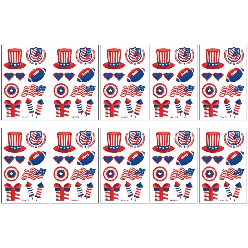 애국 문신 대량 팩, 메모리얼 미국 테마 파티 소품, 이동식 임시 문신, 7 월 4 일, 10 개