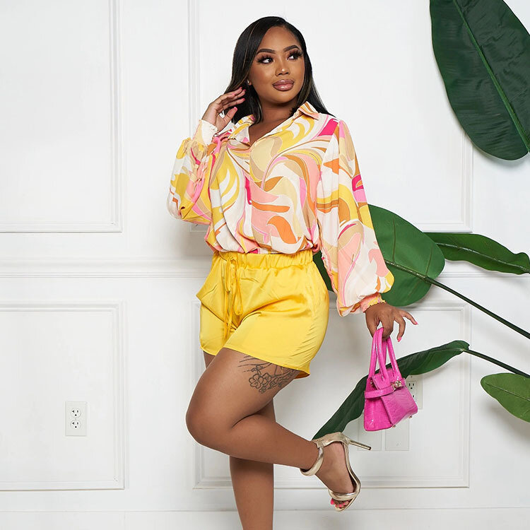 Printed Women 2 Piece Set Long Sleeve Lapel Button Up Shirts Neon Shorts Matching Set 2022 Summer Office Lady Workout Tracksuits