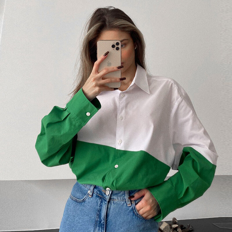 Vintage Spleißen Bluse Lose Frauen Langarm Frühling Herbst Shirts Weibliche Mode Koreanischen Stil Übergroßen Shirt Streetwear