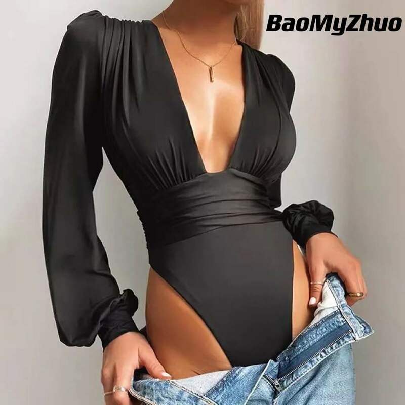 2022 Sexy V Neck Bodysuit Women Spring Fashion Casual Solid Knitted Long Sleeve Body Tops Female Puff Sleeve Bodycon Jumpsuit