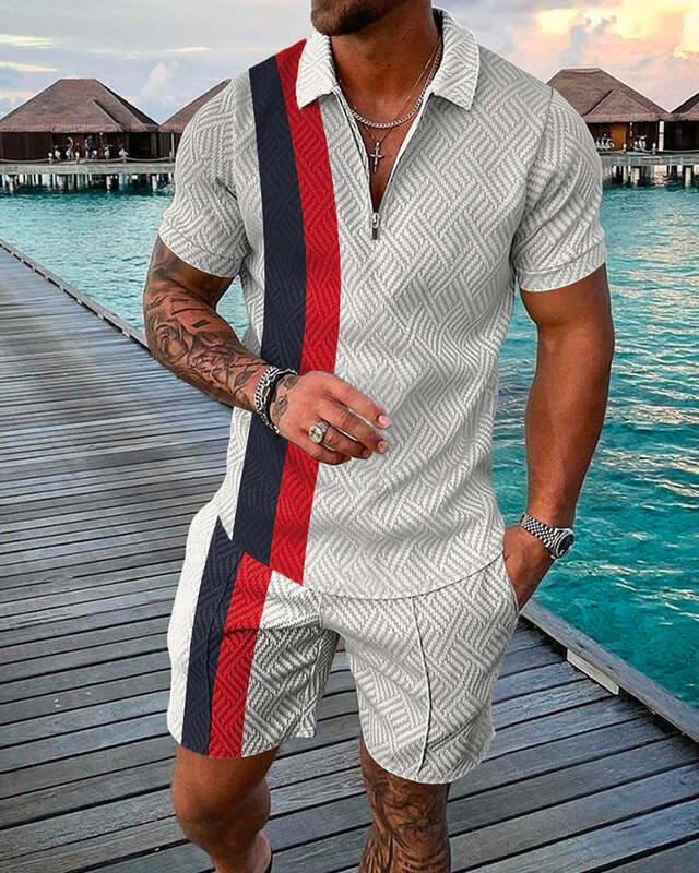 Kaus Polo Ritsleting Lengan Pendek Pakaian Aktif Kualitas Tinggi Baru Pria + Set Celana Pendek Streetwear Kasual Pria 2 Potong Musim Panas 2022
