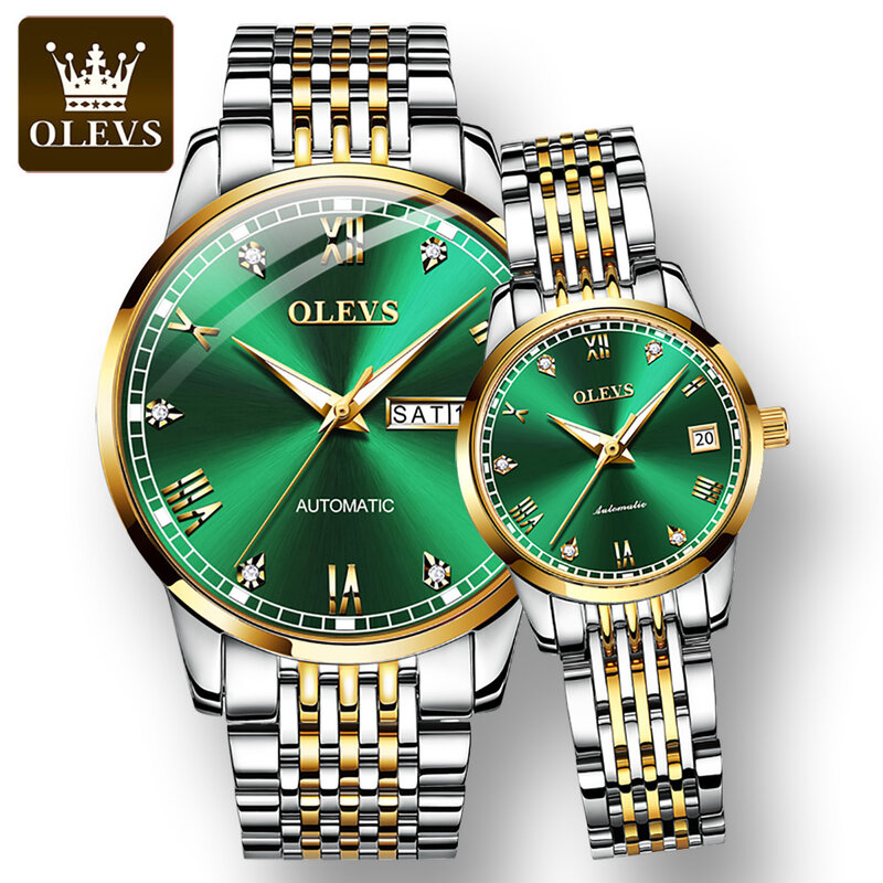 OLEVS w pełni automatyczny stalowy pasek zegarki dla par wodoodporna moda automatyczne mechaniczne zegarki dla pary