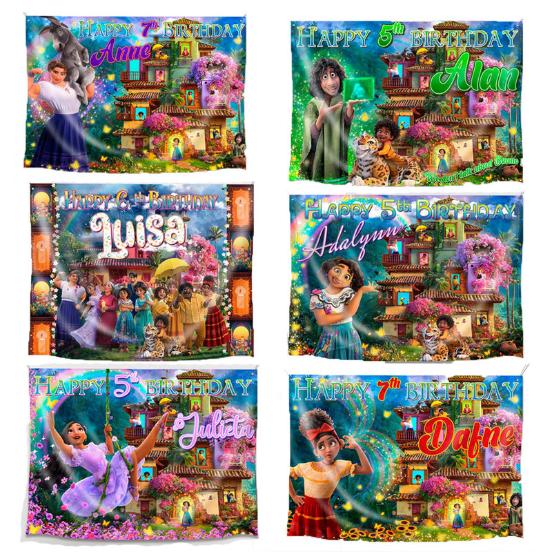 Disney-Fondo de fotografía con Encanto Mirabel, cartel de feliz cumpleaños, globos de cumpleaños, juguetes para fiesta de bebé