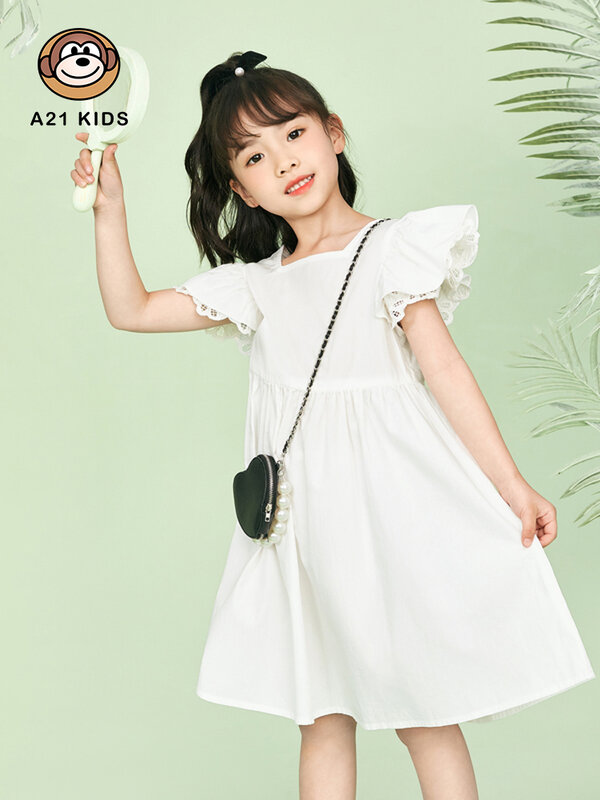 A21 ubrania dla dzieci Casual Dress 2022 lato nowy mody Chic jednolity kolor Draped plac Neck wzburzyć krótki rękaw A Hem sukienki