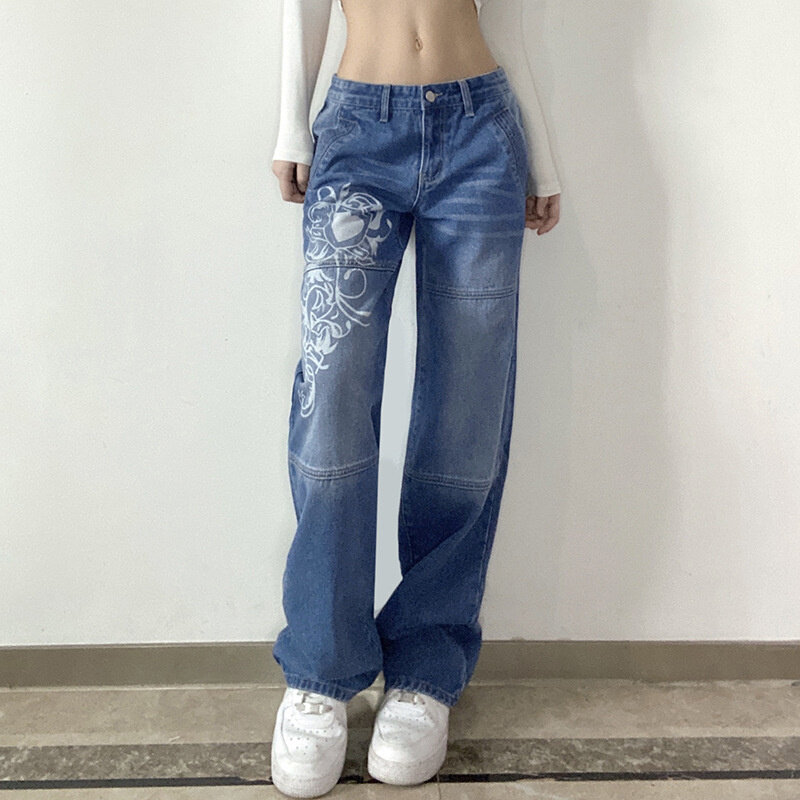Y2K Low Waist Women's Jeans Printed Autumn Casual Wide Leg Baggy Pants Cargo Fashion Trousers 2022 Girls
