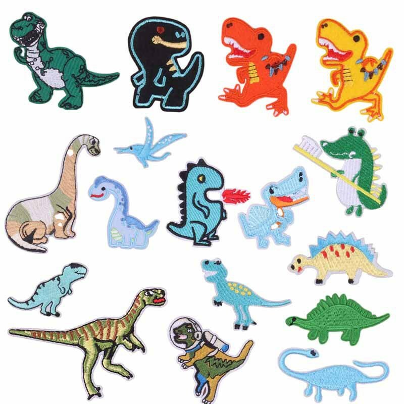 Parches bordados con dibujos de dinosaurios para coser ropa de niño, calcomanía para planchar, DIY, 17 piezas