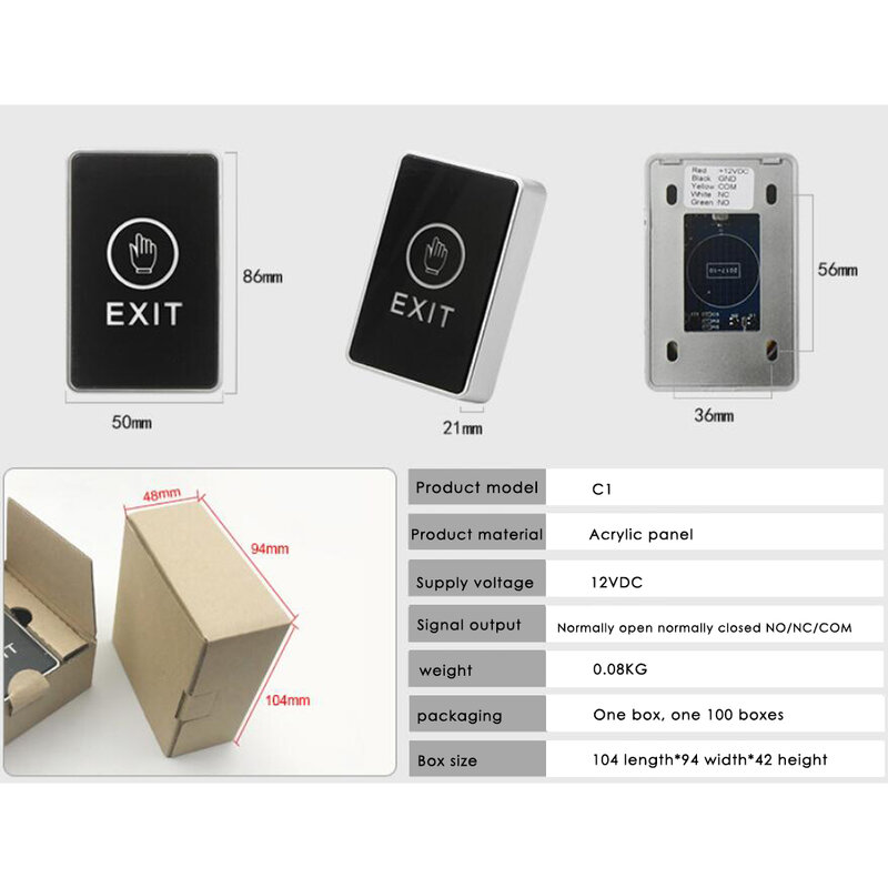 Botón de salida táctil de retroiluminación, interruptor de liberación de puerta sin contacto infrarrojo para sistema de Control de acceso con indicador LED, 86x50mm
