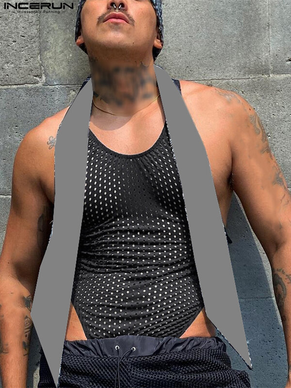 Nam Bodysuits Đồng Màu Cổ Tròn Không Tay Skinny Lưới Xem Qua Rompers Bộ Đồ Ngủ Sexy Nam Body Quần Lót S-5XL INCERUN