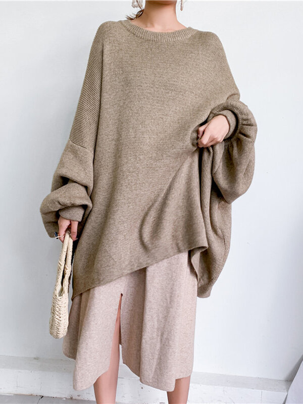 [EAM] 대형 회색 뜨개질 스웨터 느슨한 맞는 라운드 넥 긴 소매 여성 풀오버 새로운 패션 가을 겨울 2021 1Y190