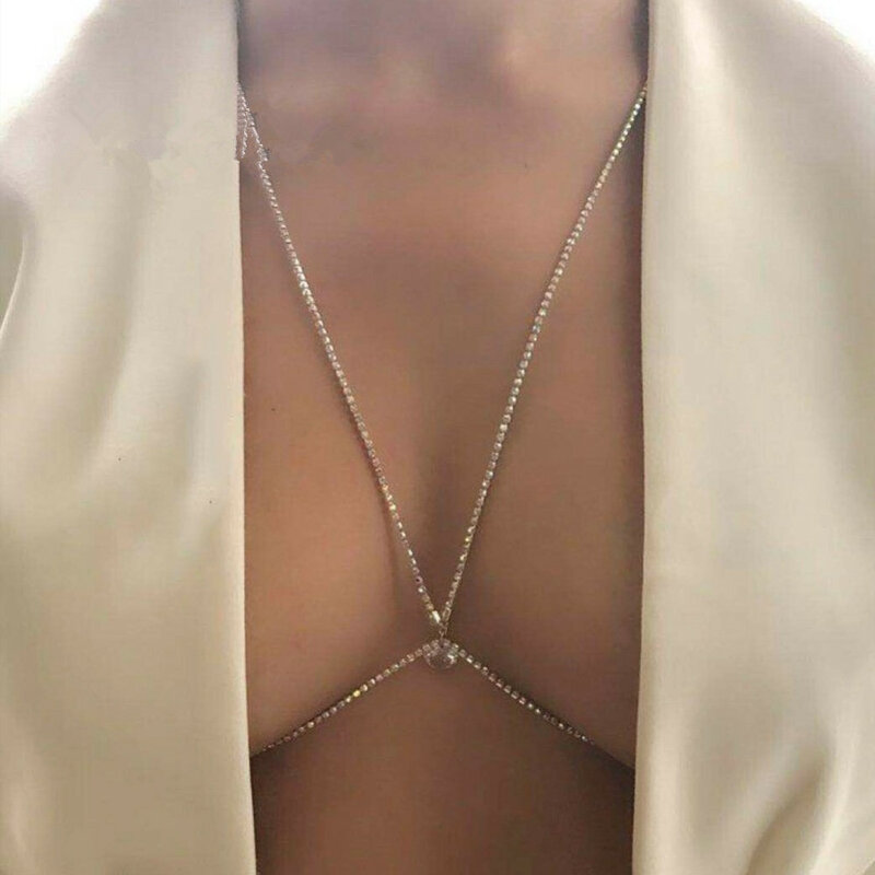 Berlian Buatan Bikini Harness Bra Seksi Rantai Dada untuk Wanita Mode Mengkilap Kristal Strass Tubuh Leher Perhiasan Aksesori Eksotis