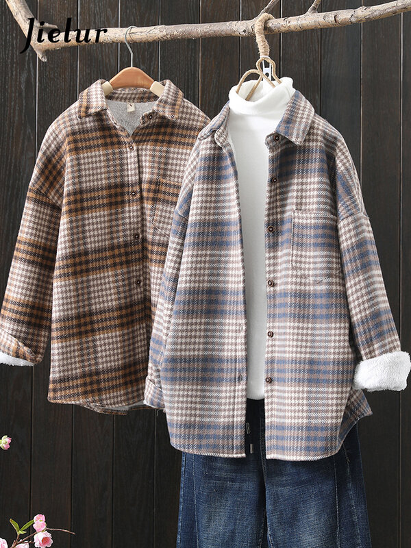 Jielur 2022 Mode Frauen Lila Plaid Woll Shirts Elegante Damen Oversize Lange Hemd Vintage Weibliche Dicke Blusen Mädchen Chic