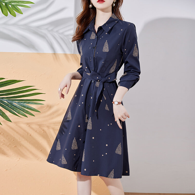 Falda de Camisa estampada con patrón de moda 2022 otoño temperamento de manga larga Retro cintura de gama alta ligero de lujo vestido francés de otoño