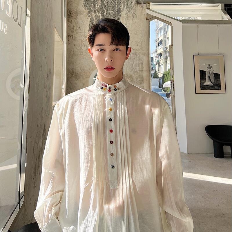 حجم كبير قميص طويل الأكمام الأصلي الرجال القمصان الملونة زر الجهاز طيات فضفاضة Irregul بلوزة الكورية مصمم ملابس للرجال