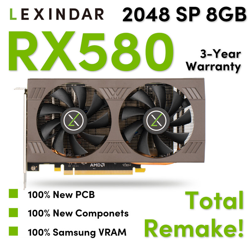 Lexindar-tarjeta gráfica original reacondicionada RX580 2048SP de 8GB, GPU para Gaming Mining, piezas de ordenador
