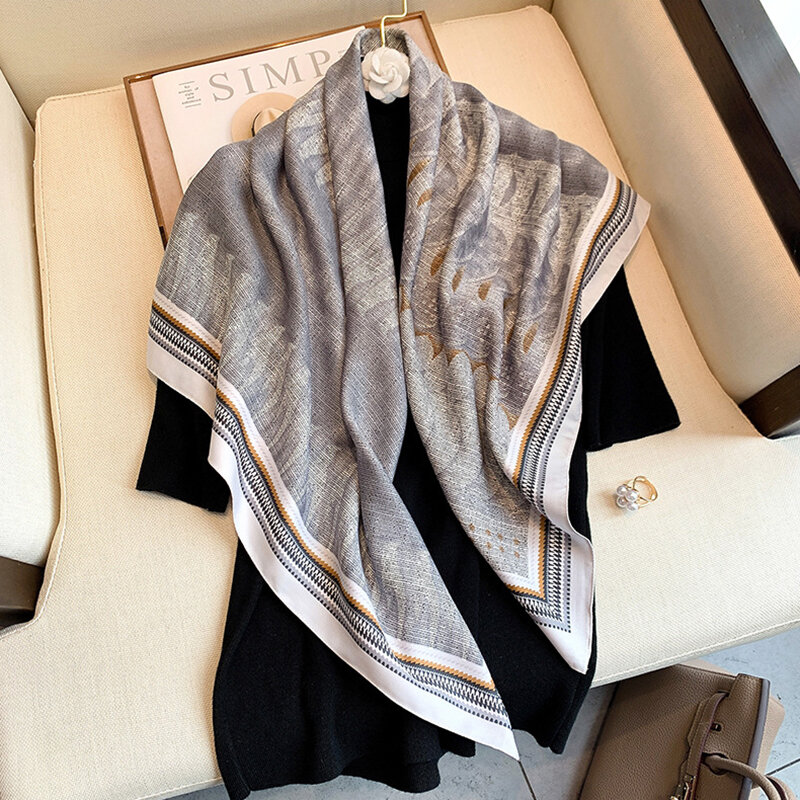 Luxury Twill Silk Square ผ้าพันคอผู้หญิง Hijab Neckerchief มุสลิมชีฟองออกแบบชายหาดผ้าคลุมไหล่ผ้าพันคอ Foulard 90*90ซม.