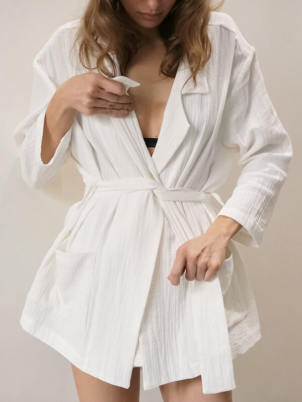 Hiloc branco 100% conjuntos de robe algodão sexy baixo corte sleepwear feminino robe com faixas casa terno bolsos duplos vestido feminino