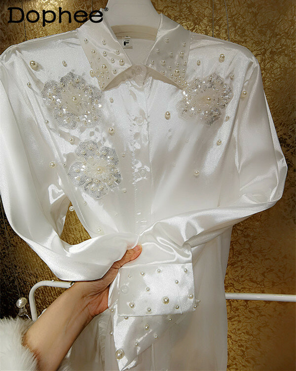 Koreański 3D kwiat dużymi cekinami z koralikami białe koszule damskie wysokiej klasy satynowy kołnierzyk Polo z długimi rękawami bluzka letnie biuro Blusas Top