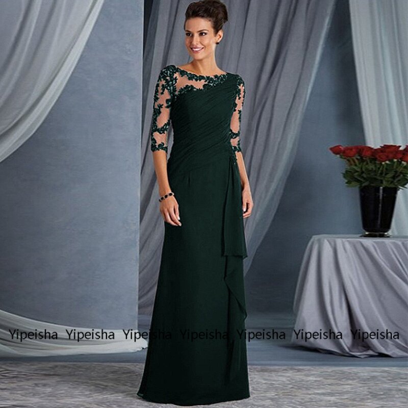 Vestido feminino de três quartos, tinta verde, renda, chiffon, para festa formal, scoop