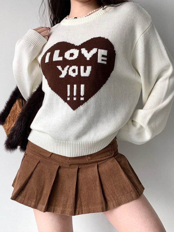 Heart I LOVE YOU Graphics Sweater Women Letter Hip Hop Loose Casual Pullover Autumn Lazy Wind Long Sleeve Knitted Sweater Female