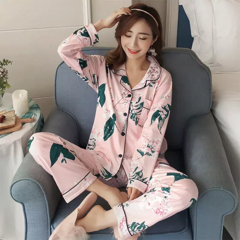 Conjuntos casuais de pijama feminino, cardigã de manga comprida, terno de calças domésticas, pijamas femininos, roupas de outono