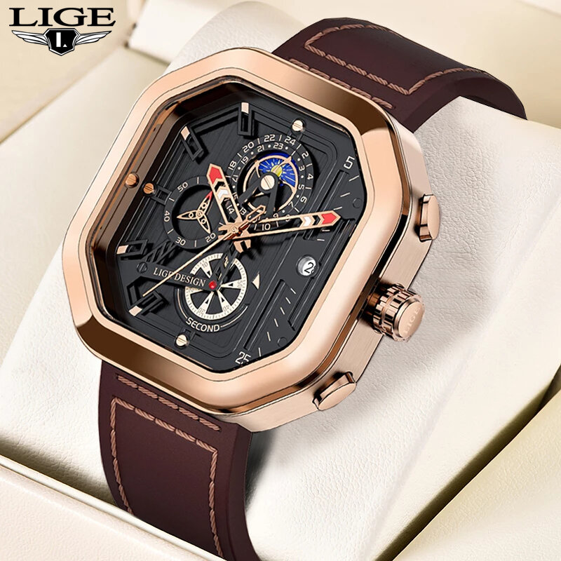 Часы наручные LIGE мужские с хронографом, повседневные спортивные брендовые в стиле милитари, с кожаным ремешком, цвета розового золота