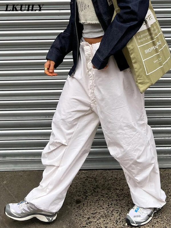 Pantaloni Cargo Harajuku donna vita bassa 2022 Casual Y2k pantaloni larghi Hippie bianchi pantaloni larghi con coulisse pantaloni larghi