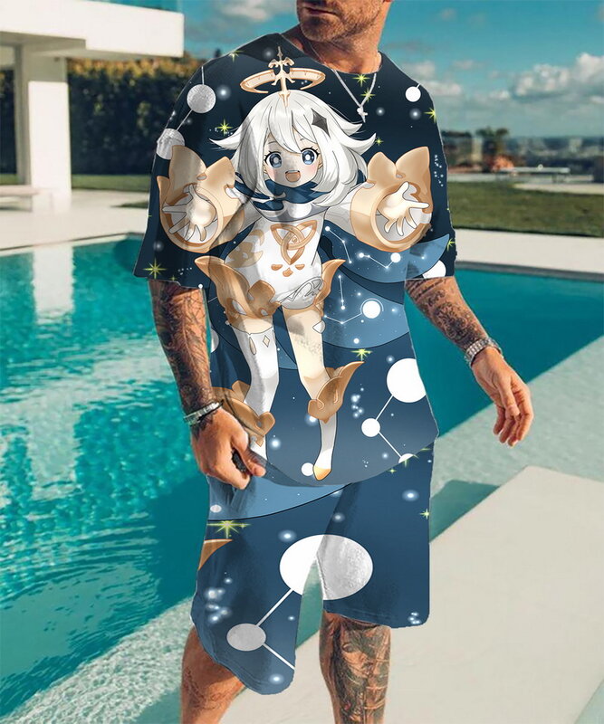 여름 남성용 스포츠웨어, 오버사이즈 캐주얼 남성용 애니메이션 3D 프린팅 티셔츠 반바지 스포츠웨어 남성 패션 의류 2 피스