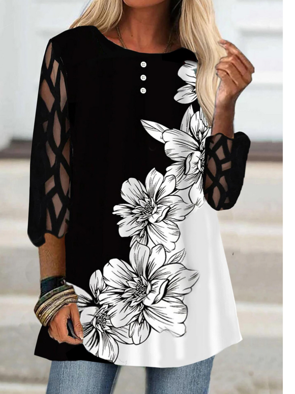 2023 wiosenne i jesienne ubrania damskie modne luźne casualowe t-shirty z kwiatowym nadrukiem z okrągłym dekoltem TopsHalf rękaw siateczkowe rękawy