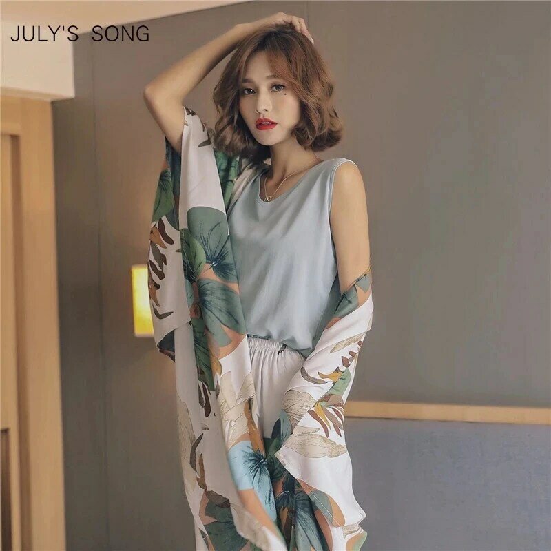 JULY'S SONG 4 Piece Spring Summer Women Pajamas Sets Floral Printed Viscose Robe Top and Shorts Female Sleepwear Night Suit